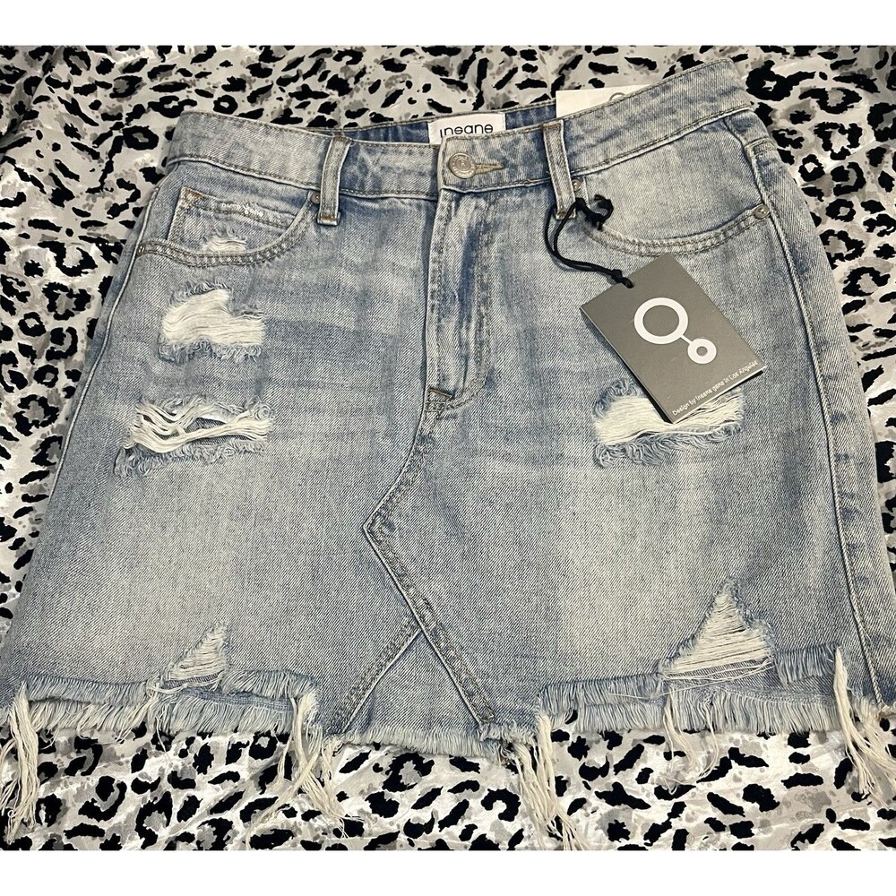 NWT Insane Gene Distressed Light Wash Denim Mini Skirt Raw Hem